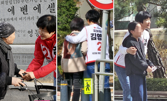 국민의힘 제22대 총선 서울 영등포갑 후보인 김영주 국회부의장이 24일 오전 영등포구 영등포교회(왼쪽), 영은교회(가운데와 오른쪽) 인근을 순회하며 거리인사를 했다. 당색(빨강) 혹은 하얀색 선거운동용 상의와 청바지 차림으로 몸을 가벼이 한 김영주 후보는 예배를 위해 각 교회를 찾았거나 지나가던 다양한 연령대의 시민들과 인사를 나누거나 기념사진을 찍기도 했다.